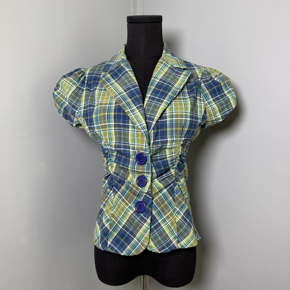Y2K Rue 21 Plaid V-Neck Blazer Top Cinched Waisted Puff Sleeve Blue Green L
